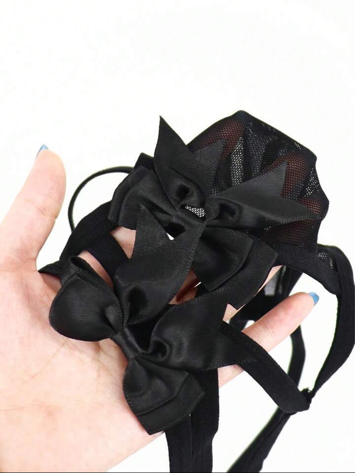 Energetic Black Bow Tie Alluring Mysterious Black Hollow Mesh Men's Lingerie